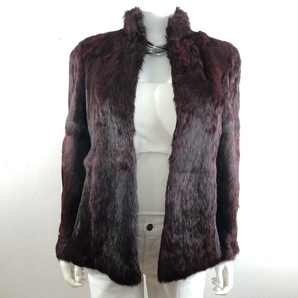 Rabbit Fur Vintage Burgundy Standing Collar Coat - Picture 4 of 10